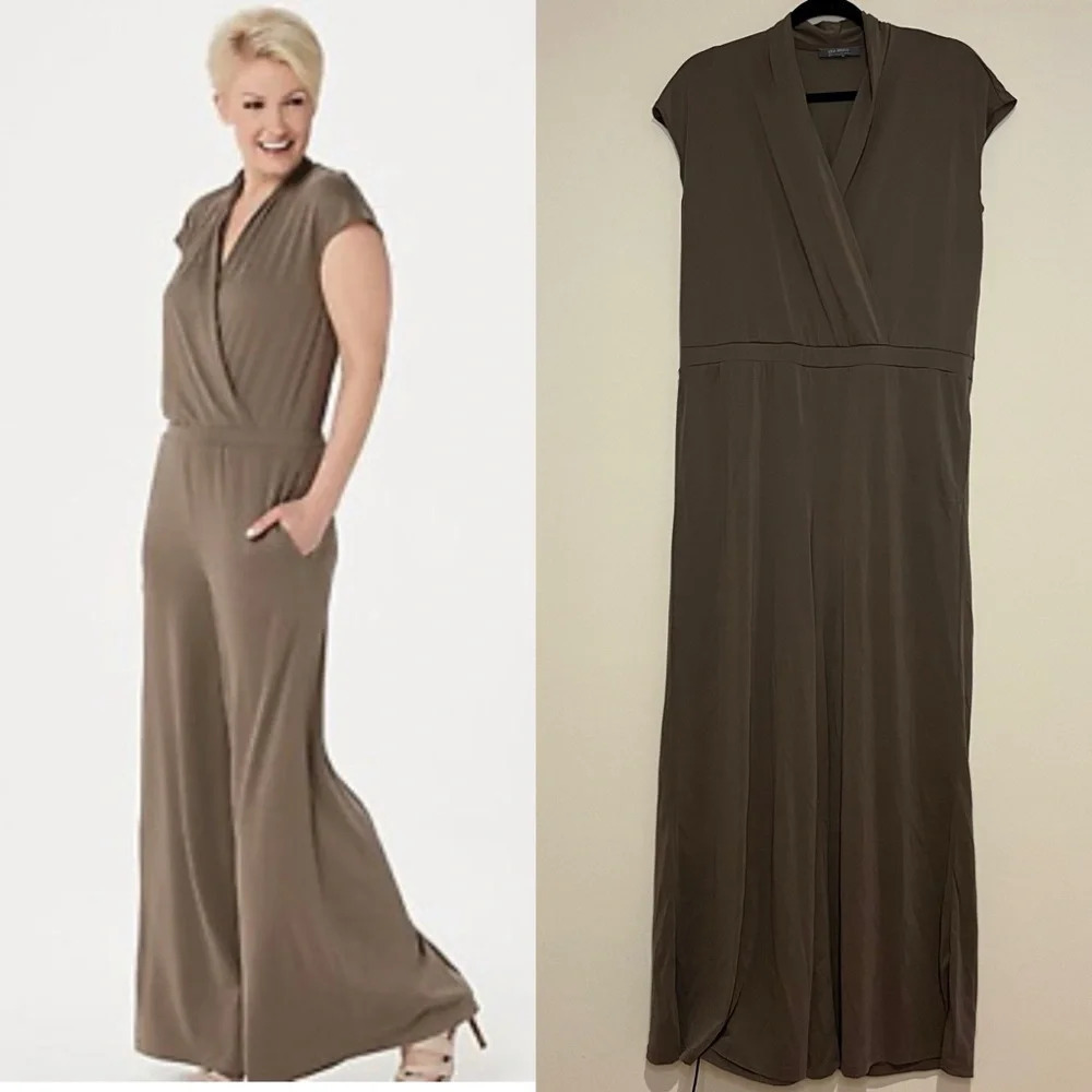 LISA RINNA COLLECTION Surplice Wide Leg Lagenlook Stretchy Modal Blend Jumpsuit